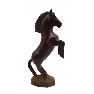 WOODEN HORSE Rearing Figurine Prancing Brown Sculpture Vintage 13"
